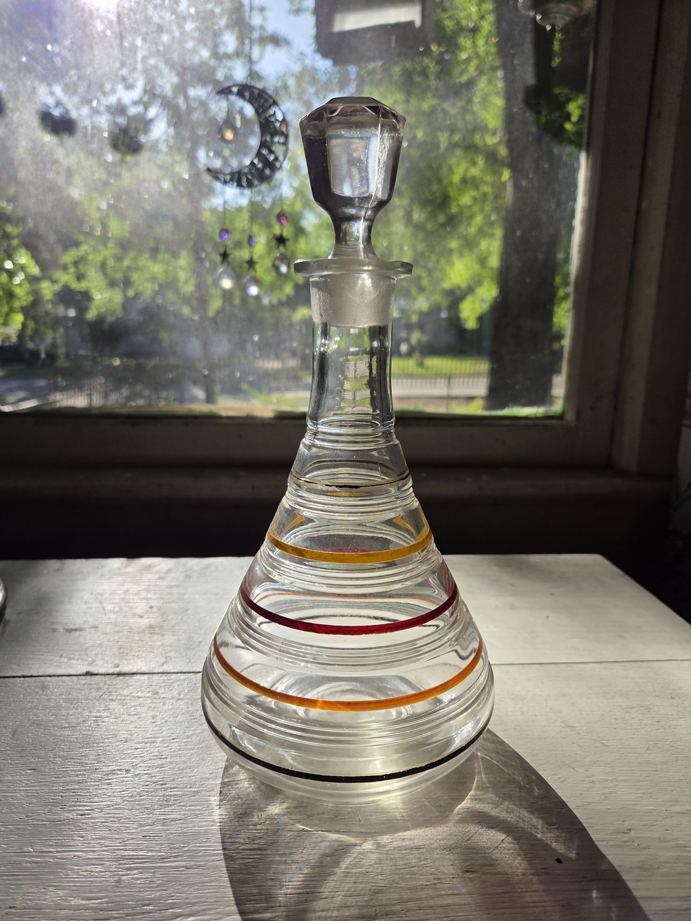 Anchor Hocking Clear Glass Decanter with Red, Yellow and Black Bands